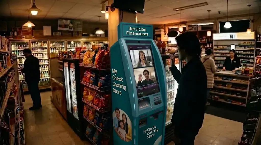 A customer using a Maya self-service kiosk inside a convenience store at night