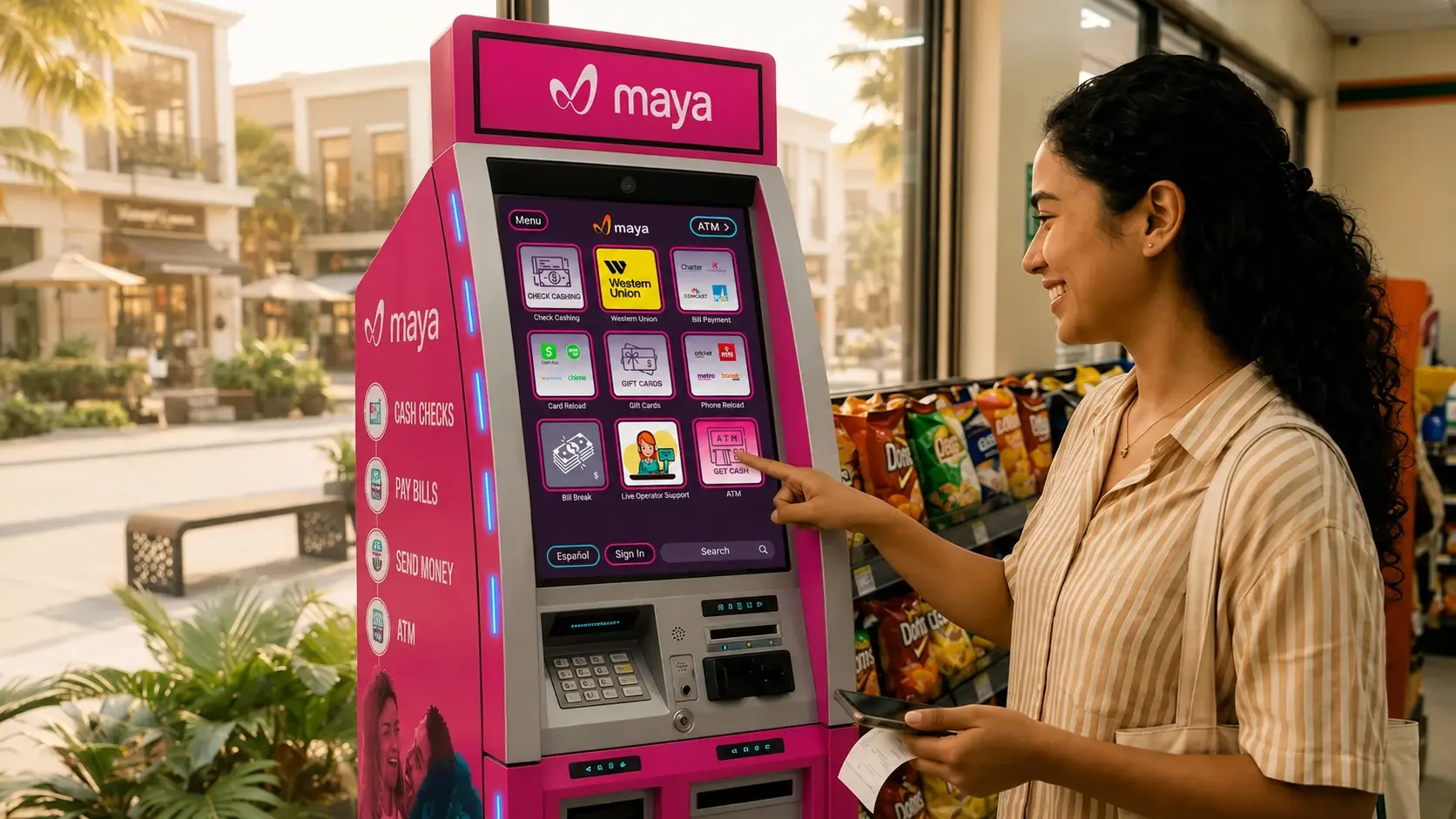 A customer buying bitcoin on a Genmega kiosk running the Maya platform inside a convenience store